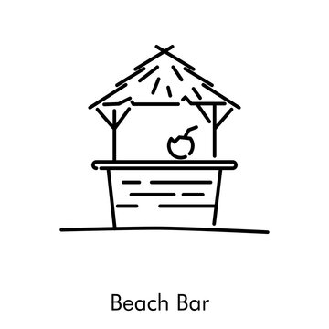 Concepto de vacaciones y viajes. Icono plano lineal choza como bar de playa de madera y palma en color negro