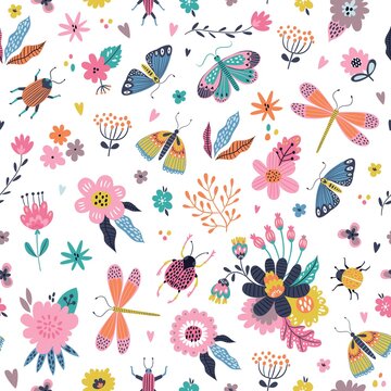 Colorful seamless pattern with insects and flowers. Summer floral repeat background for fabrics or wallpapers. Butterfly and dragonflies design.
