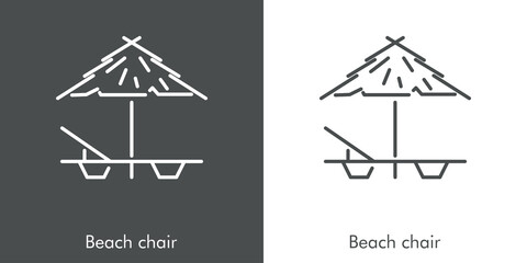 Concepto de vacaciones y viajes. Icono plano lineal silla de playa de madera con sombrilla de palma en fondo gris y fondo blanco
