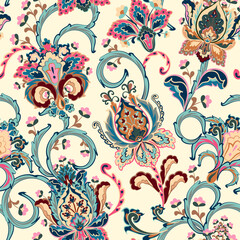 Fantasy flowers seamless paisley pattern. Floral ornament, for fabric, textile, cards, wrapping paper, wallpaper template. - 356084192