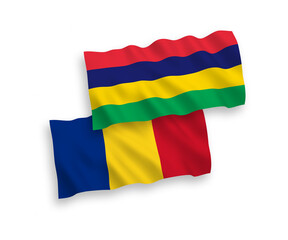 Flags of Romania and Mauritius on a white background