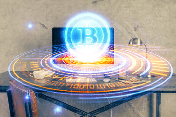 Double exposure of blockchain and crypto economy theme hologram and table with computer background....