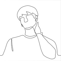 man is massaging his neck. One continuous line art man kneads his neck from a long job at a computer, a symptom of cervical osteochondrosis, charging for the head, self-massage, professional injury