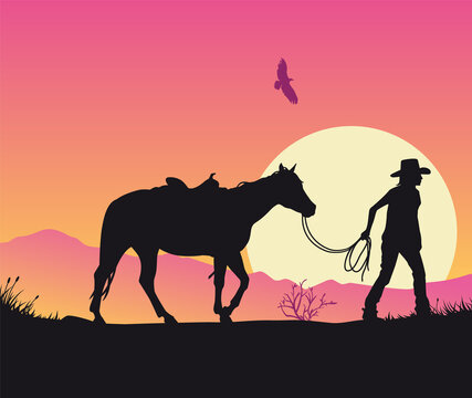 Cowgirl leading saddled horse silhouette sunset background vector