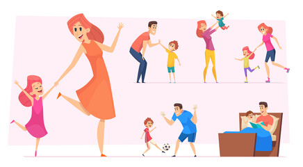 Fototapeta premium Good time kids. Happy parents with children playing learning dancing father mother with son and daughter vector set. Illustration parenting with child together, happiness mom love