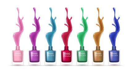 Realistic nail polishes. Colorful splashes, liquid drops. Isolated manicure equipment vector illustration. Realistic nail liquid, splash cosmetic polish