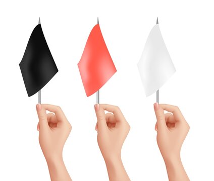 Hands Holding Flags. Isolated Red, Black, White Checkbox Vector Illustration. Empty Flag Presentation, Advertisement Realistic Flag