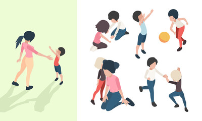 Nanny with kids. Preschool teacher playing toys and teaching happy children babies care vector isometric people. Illustration babysitter and teacher, childhood and nanny