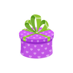 Birthday party or christmas gift box isolated vector illustration. Cartoon round giftbox with violet wrapping paper, green ribbon and bow. Contest winner prize box or reward celebration gift package