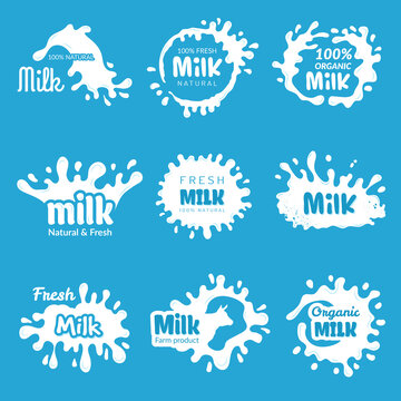 Milk logo. Cheese lecho or yoghurt splashes fresh farm dairy products badges design vector collection. Milk farm logo, fresh dairy product, label cream illustration