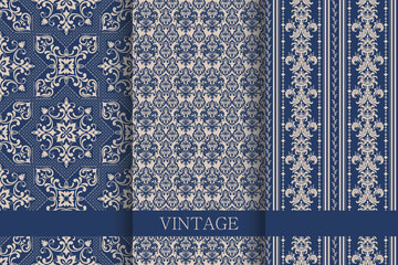 Set of Vintage seamless damask pattern. Hand drawn background. Turkish style. Islam, Arabic, Indian, Ottoman motifs. Template greeting card, invitation and advertising banner, brochure. Vector.
