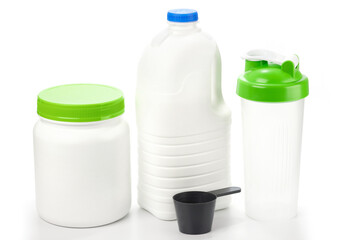 Protein shaker and big bottle of milk
