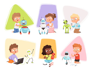 Kids and robots. Children programming coding smart toys repair research educational process future technology vector characters. Children smart project, engineer and robot technology illustration