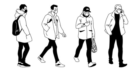 People in medical masks. Vector illustration of masked men in sketch style isolated on white background. Respiratory protection. Facial tissue to prevent diseases, flu, air pollution. Man walking.