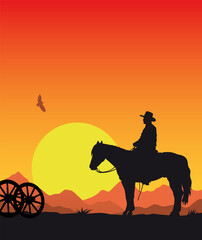 Cowboy with horse at sunset standing - Wild West vector silhouette background