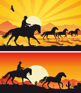 Wrangler riding galloping horse and wild horses at sunset - Cowboy silhouette background