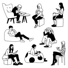 Set of women doing various things sitting. Concept. Monochrome vector illustration of women sitting in different poses in simple line art style. Hand drawn sketch isolated on white background.