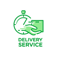 Fast Shipping Delivery Service with hands holding packages logo icons template with flat design outline style
