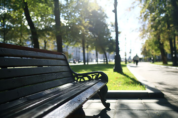 landscape in autumn park bench / beautiful garden bench, concept of rest, nobody in autumn park,...