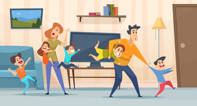 Tired parents. Mother and father playing with kids in living room interior screaming children depressed family vector background. Father and mother with naughty kids illustration