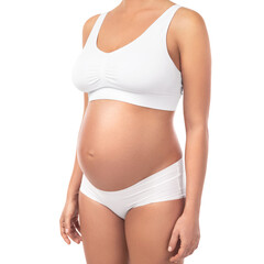 Pregnant woman wearing lingerie on white background