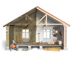 Half-done house renovation works in process, 3d illustration