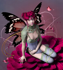 Beautiful elf with butterfly wings sitting on a purple flower
