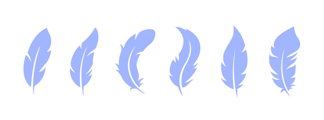 Set of various blue bird feathers on a white background.