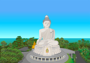 drawing 2D Phuket big Buddha on the top of mountain. Phuket big Buddha is the landmark of Phuket .