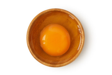Egg in wooden bowl on white background