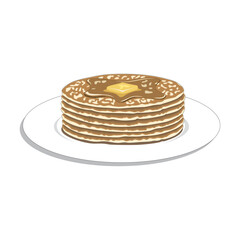 Pancakes on plate with cream and maple syrup sweet vector illustration. Tasty holiday cake food isolated on white