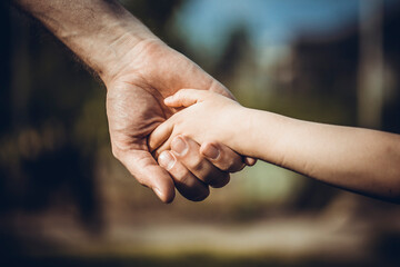 Parent holding the hand of a small child. Father's hand lead his child in summer nature outdoor....