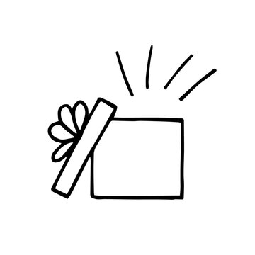 Gift Box With Bow Open Hand Drawn In Doodle Style. Vector Scandinavian Monochrome Minimalism. Single Element For Design. Surprise