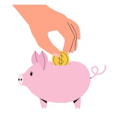 Hand put a coin or money into a piggy bank isolated on a white background. Concept of life personal savings, economy, income, finance, investment for banner, article, web design, ui.