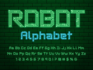 Naklejka na ściany i meble Digital circuit style neon alphabet design with uppercase, lowercase, numbers and symbols