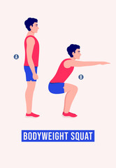 Fototapeta na wymiar Men doing Bodyweight Squat exercise, Men workout fitness, aerobic and exercises. Vector Illustration.
