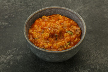 Traditional Georgian Kharcho soup with meat