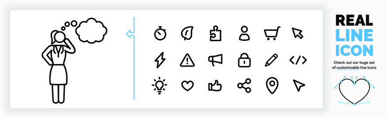 Editable line icon of a woman thinking about
