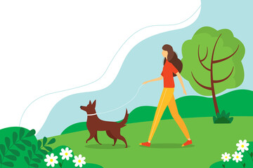 Woman walking with the dog in the Park. The concept of an active lifestyle, outdoor recreation. Cute summer illustration in flat style.