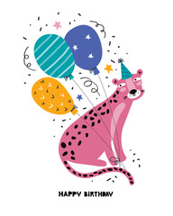 Party leopard hand drawn vector illustration. Happy birthday greeting card or banner. Cute wild cat in a festive hat holds bright balloons in its paws. Funny cartoon character of animal. Jungle party.