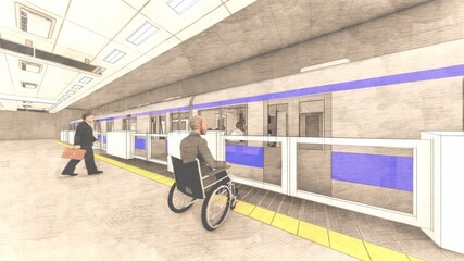 電車黄色 ホーム ドア閉まる 人有り イラスト74 Airfield Wall Mural Airfie Hiro Studio