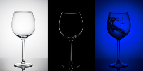 Splash of water in wine glass on white, black, blue background