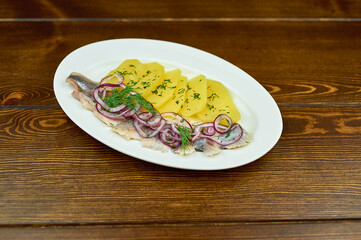 A plate of food on a wooden table