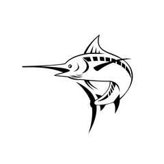 Atlantic Blue Marlin Swimming Upward Retro Black and White