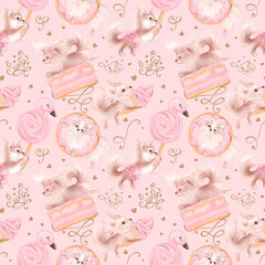 Cute dogs love sweets. Pink girly seamless pattern. 