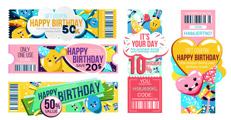 Birthday voucher. Happiness face on birthday gift voucher with discount offer. Happy birhday coupon template with colorful background and sale code. Celebration certificate