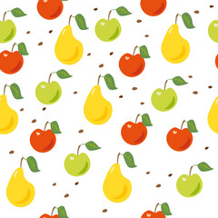 Vector seamless pattern with ripe summer fruit-apples, pears, plums, cherries. Great print for fabric, wrapping papers, wallpapers, covers. Illustration on white background.