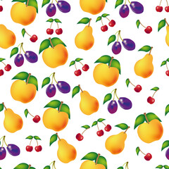 Vector seamless pattern with ripe summer fruit-apples, pears, plums, cherries. Great print for fabric, wrapping papers, wallpapers, covers. Illustration on white background.