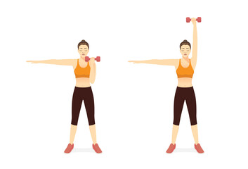 Sport Women doing Fitness with Single Arm Overhead Press Dumbbell Exercise in 2 steps. Diagram of How to easy Fitness training target to Arms muscles. front view.