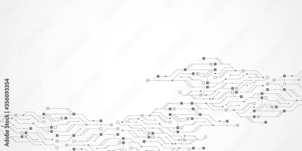 Poster Technology circuit board texture background. Abstract circuit board banner wallpaper. Digital data industry. Engineering electronic motherboard. Wave flow, vector illustration.